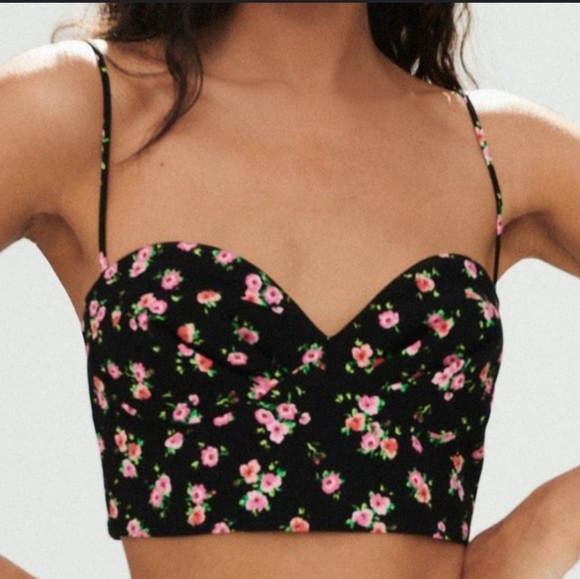 Zara Tops - ZARA Floral Bustier Corset Crop Top Black Pink Size Small